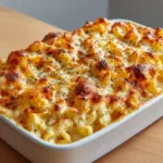 Close-up of Baked Macaroni and Cheese showing the glossy pale orange cheese sauce and thick elbow noodles.