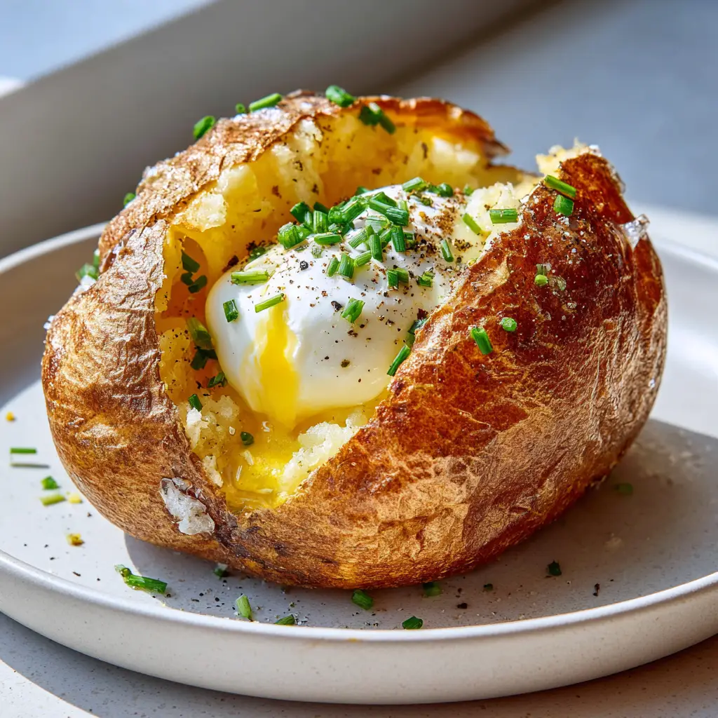 Macro shot of melted butter pooling inside a fluffy Air Fryer Baked Potato with sour cream and chives.