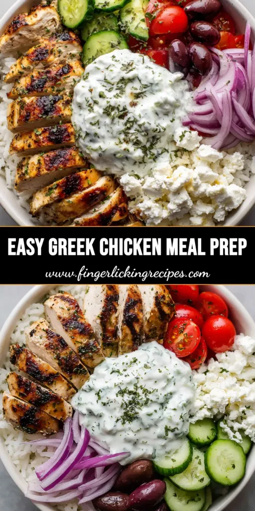 A handheld smartphone photo of Greek Chicken Meal Prep Bowls featuring seared chicken, rice, and fresh vegetables in a white ceramic dish.