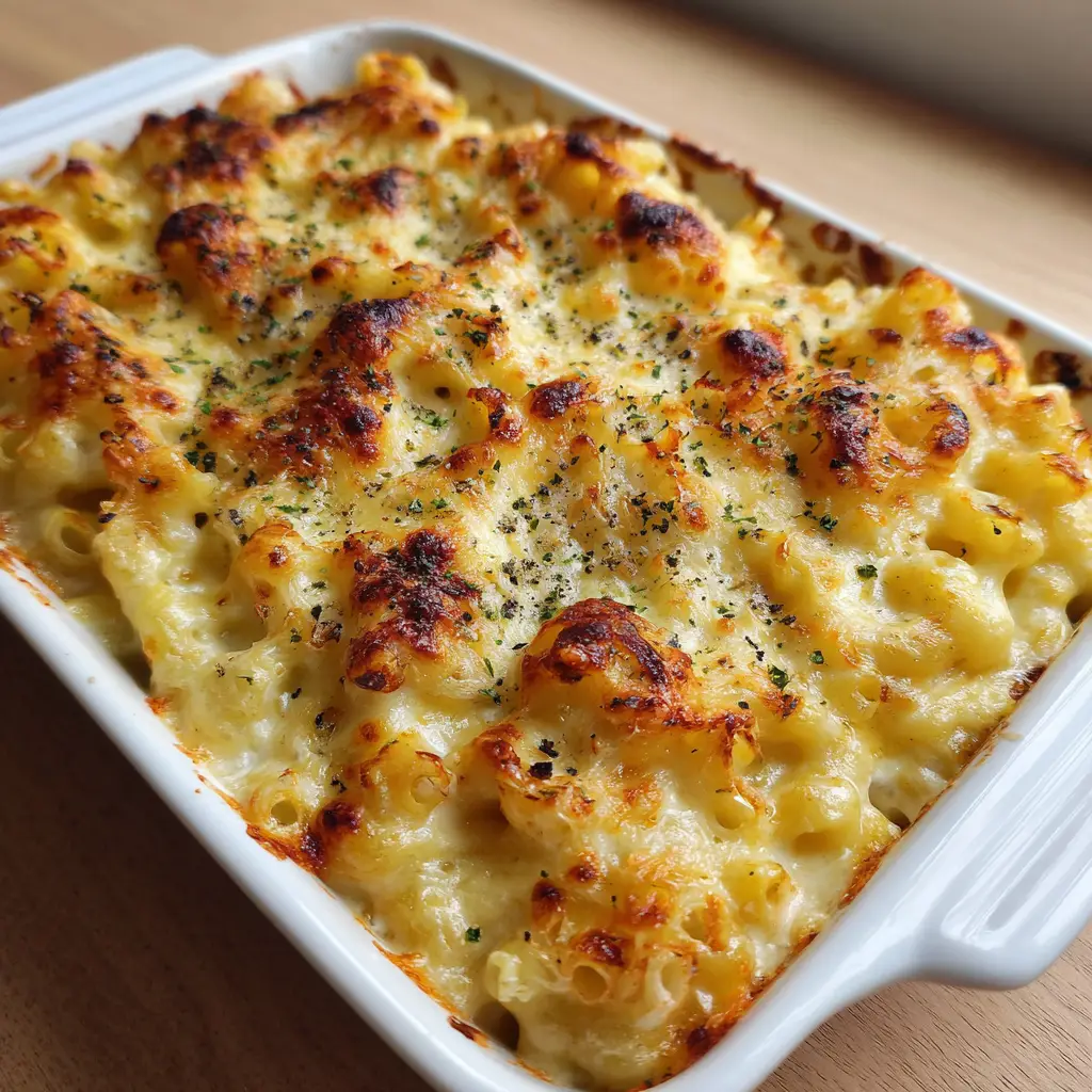 Top-down view of Baked Macaroni and Cheese with toasted peaks, charred mozzarella edges, parsley, and cracked black pepper.