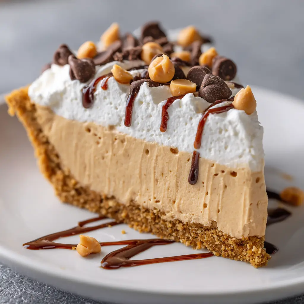 Top view of Amish Peanut Butter Pie showing the airy white whipped topping, chocolate chips, and thin dark chocolate drizzle.