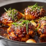 Sticky Honey Garlic Chicken Thighs sitting in small pools of dark amber glaze, garnished with white sesame seeds and fresh scallions.