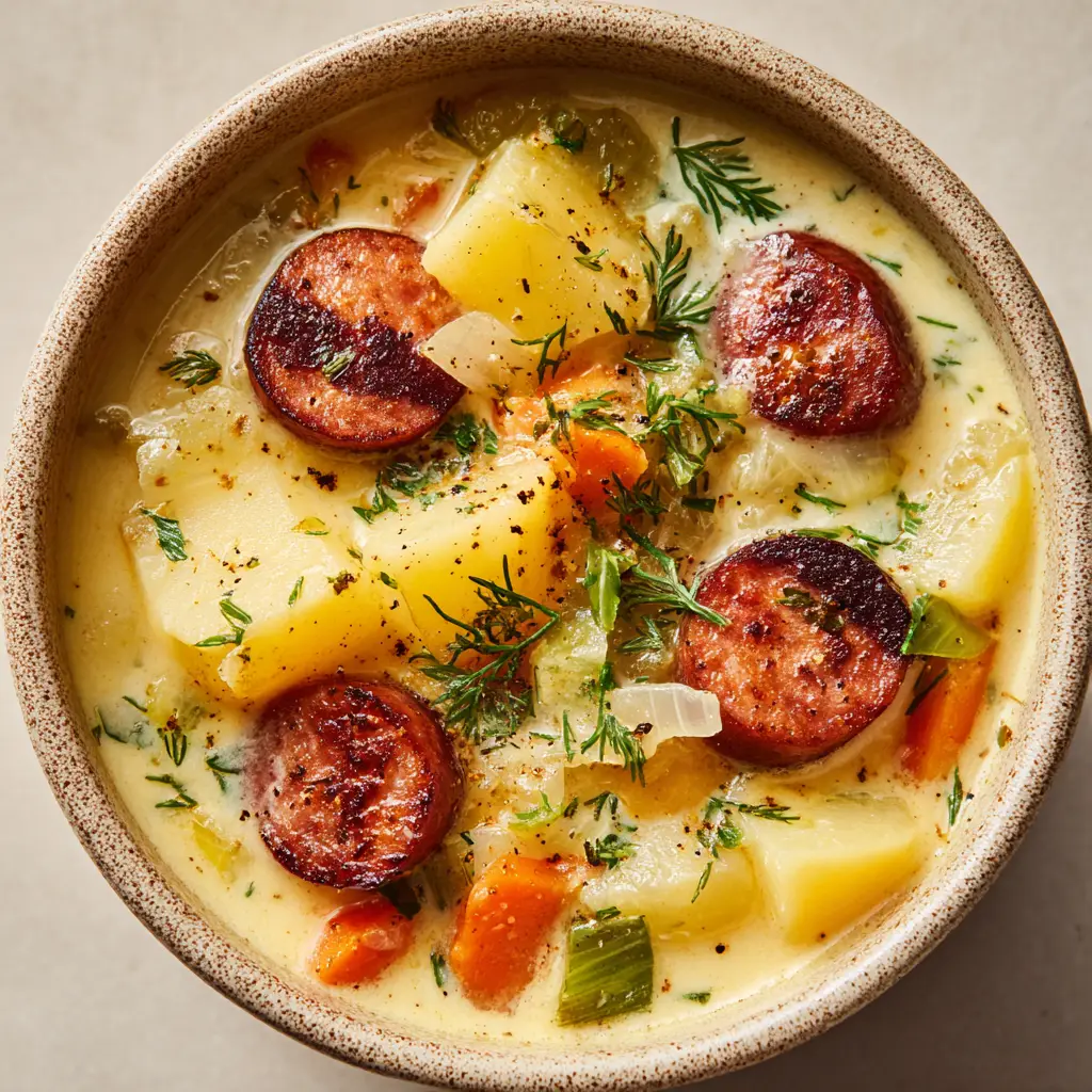 Spoon lifting thick pale yellow cream broth filled with diced orange carrots, celery, and translucent onions from a rustic ceramic bowl.