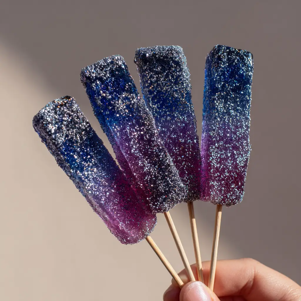 Tequila Gummy Wands: The Ultimate Cosmic Boozy Party Treat 2 Close up of deep cosmic purple and blue gradient on boozy gummy wands. (Tequila Gummy Wands)