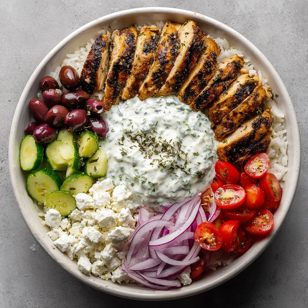 Top down view of Greek Chicken Meal Prep Bowls showing rows of cucumbers, tomatoes, and olives.
