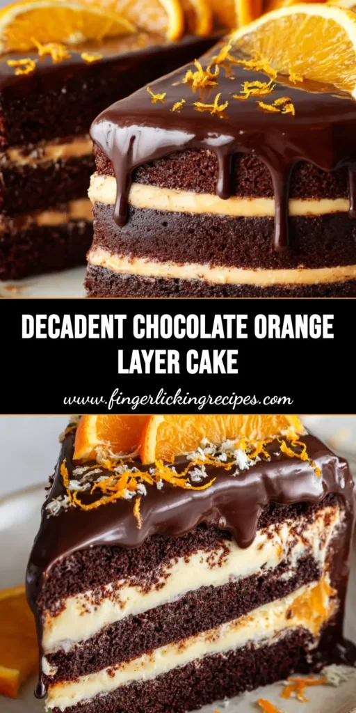 A tall, decadent Chocolate Orange Layer Cake featuring moist dark cocoa layers, orange cream filling, a glossy chocolate drip, and fresh orange slice garnishes.