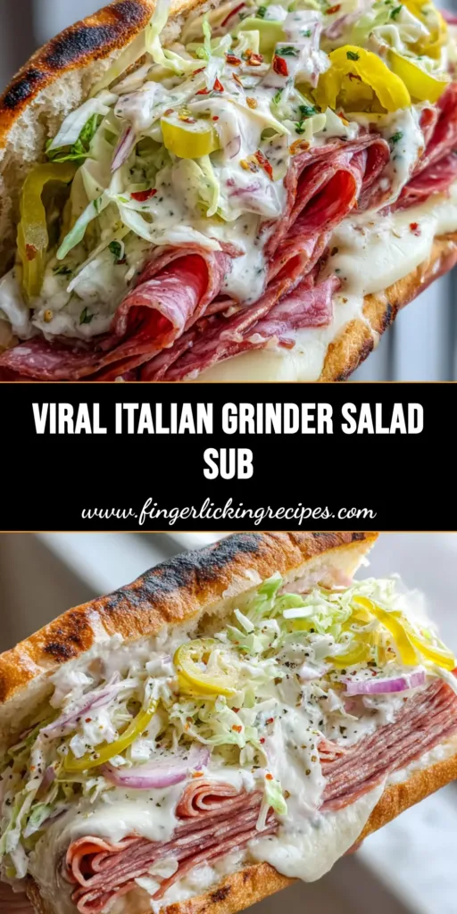 A close-up vertical shot of a handheld Italian Grinder Salad Sandwich with melted cheese, folded meats, and overflowing creamy lettuce salad.