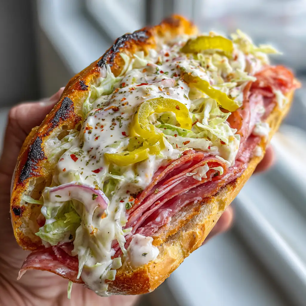 Detail view of the creamy grinder salad mixture featuring shredded iceberg, red onions, and banana peppers inside the sandwich.