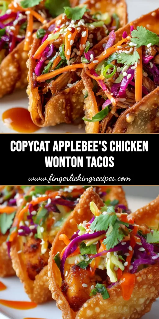 Irresistible Applebee's Chicken Wonton Tacos (Copycat Recipe) 5 A close-up vertical shot of three perfectly crispy fried V-shaped Applebee's Chicken Wonton Tacos filled with glossy teriyaki chicken and vibrant Asian slaw, set on a white ceramic plate.