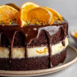 A close-up view of a sliced multi-layer dark chocolate sponge cake on a round ceramic plate with pale orange cream filling.