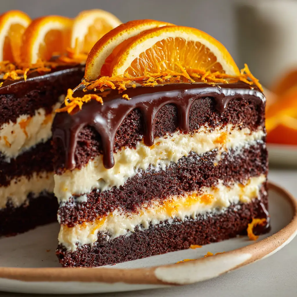 Top view of a Chocolate Orange Layer Cake showing a glossy dark chocolate ganache dripping thickly down the sides, garnished with half-moon orange slices.