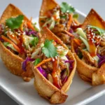 Close up of crispy fried V-shaped wonton wrapper taco shells sitting upright, filled with finely diced teriyaki-glazed grilled chicken and colorful shredded cabbage slaw.