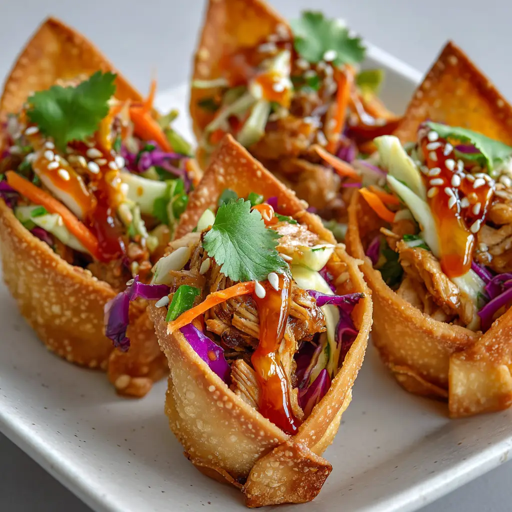 Irresistible Applebee's Chicken Wonton Tacos (Copycat Recipe) 3 Close up of crispy fried V-shaped wonton wrapper taco shells sitting upright, filled with finely diced teriyaki-glazed grilled chicken and colorful shredded cabbage slaw.