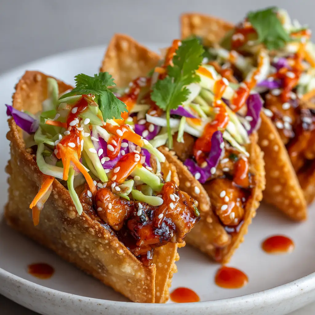 Irresistible Applebee's Chicken Wonton Tacos (Copycat Recipe) 2 Detailed view of the Applebee's Chicken Wonton Tacos garnished with glossy orange sweet chili sauce, toasted white sesame seeds, and fresh green cilantro leaves.