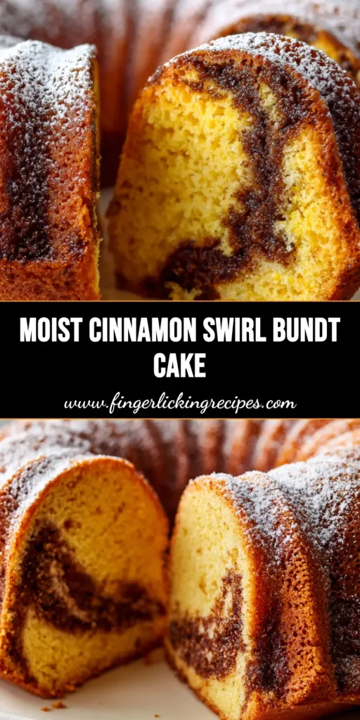 A thick slice of Cinnamon Swirl Sour Cream Bundt Cake revealing a dense golden-yellow crumb and a distinct caramelized cinnamon ribbon, dusted with powdered sugar.