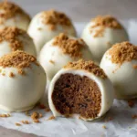 A halved Gingerbread Truffle revealing a dense, dark brown, spiced cookie dough center surrounded by a glossy white chocolate shell.