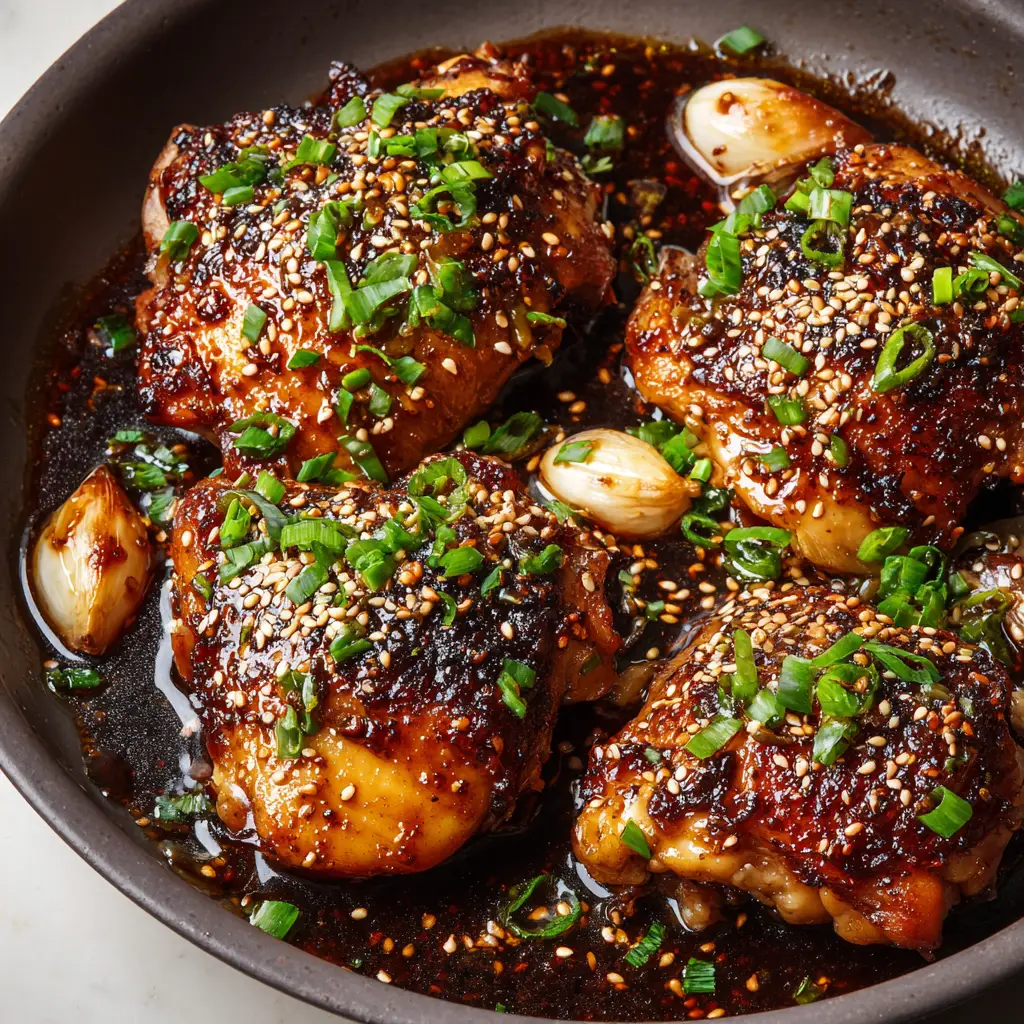 Roasted garlic cloves tucked perfectly between pan-seared golden-brown chicken thighs in a dark matte skillet.