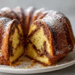 Close-up of a whole freshly baked Cinnamon Swirl Sour Cream Bundt Cake on a white ceramic plate, showcasing its deep golden-brown fluted crust.