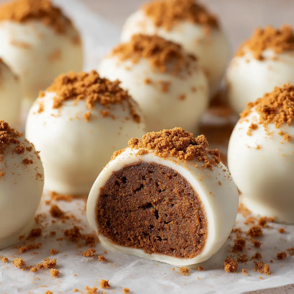 Multiple perfectly round Gingerbread Truffles sitting on white parchment paper, dusted with cinnamon and cookie crumbs.