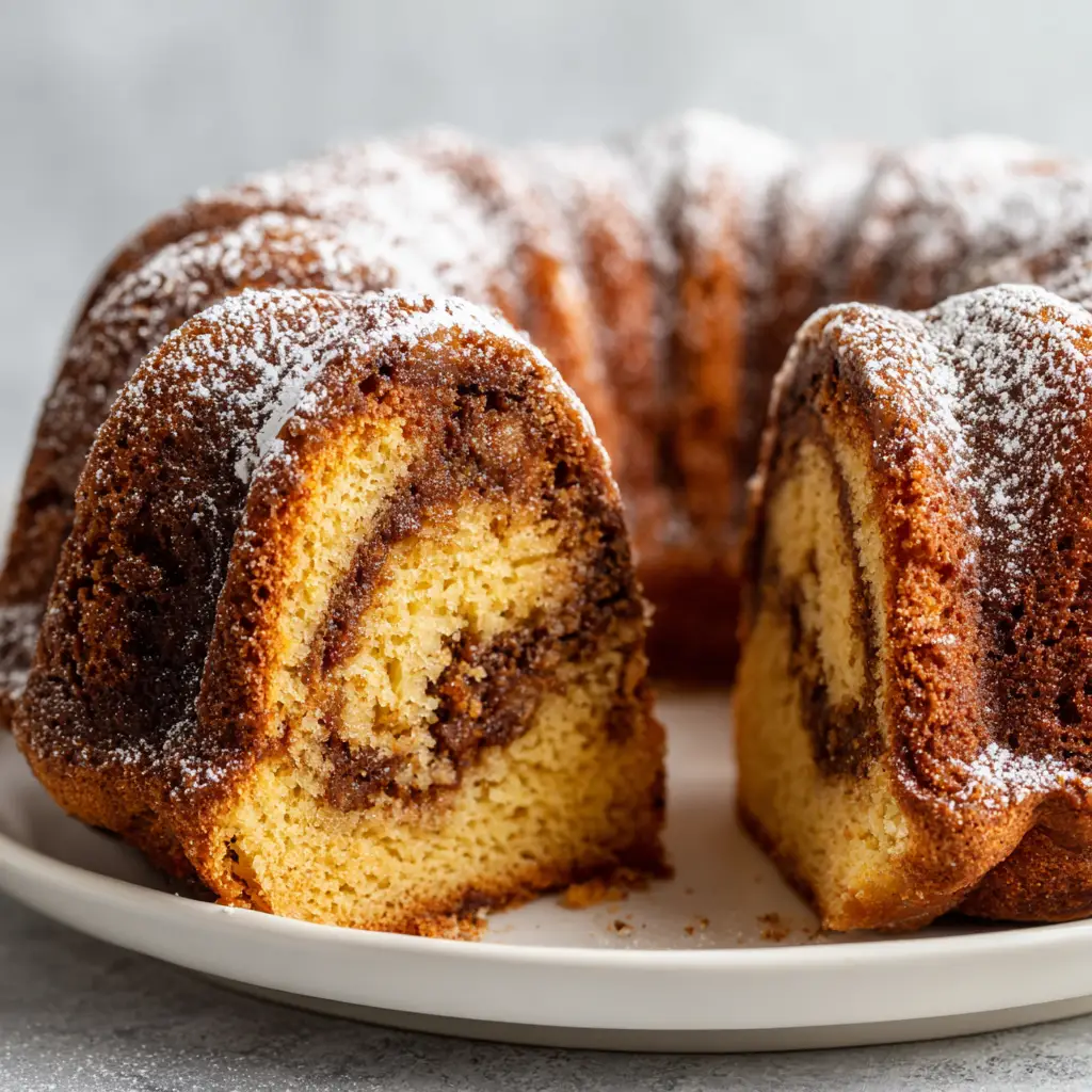 A delicate dusting of white powdered sugar resting on the top crests of a dense, golden-yellow sour cream cake.