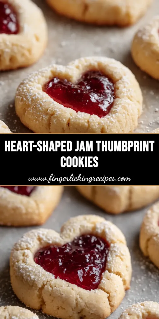 Close-up shot of freshly baked heart-shaped Jam Thumbprint Cookies on a baking tray, featuring a crumbly shortbread base and glossy ruby-red jam.