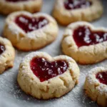 Jam Thumbprint Cookies with gently cracked edges and a light dusting of white powdered sugar, resting on parchment paper.