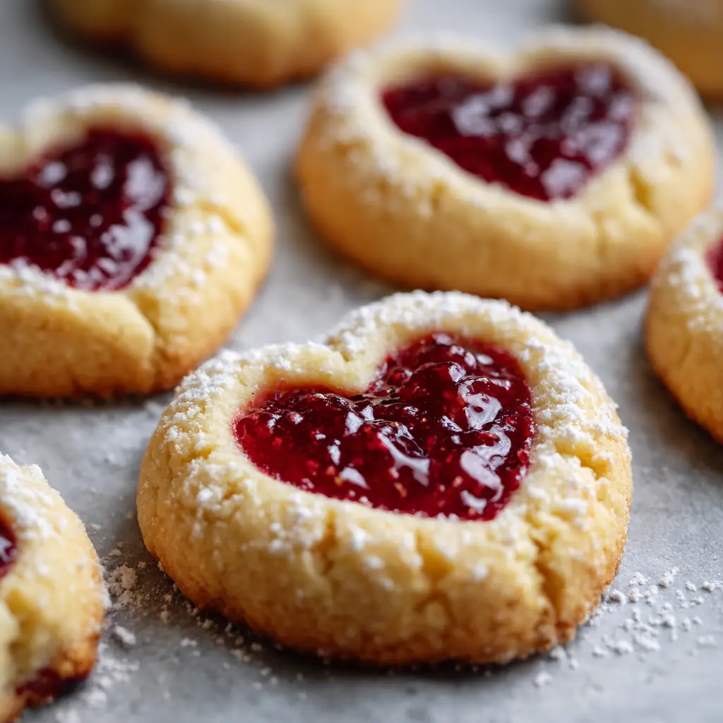 Heart-shaped indentation in a shortbread cookie base generously filled with sticky ruby-red fruit jam.