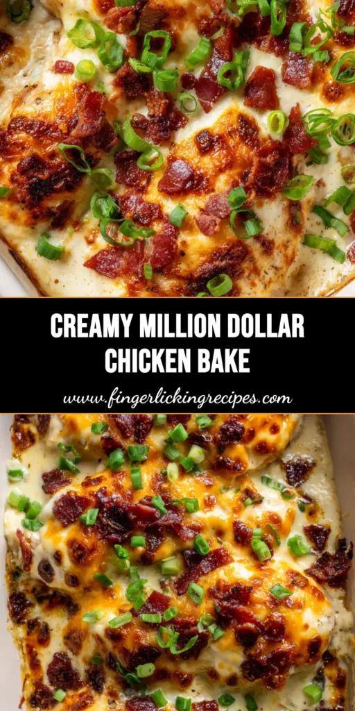 A spectacular Million Dollar Chicken Bake in a white ceramic dish, covered in melted cheese, crispy bacon, and scallions.