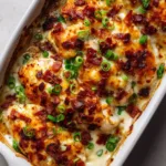 Close-up overhead shot of a creamy Million Dollar Chicken Bake casserole with a bubbling golden-brown cheese crust.