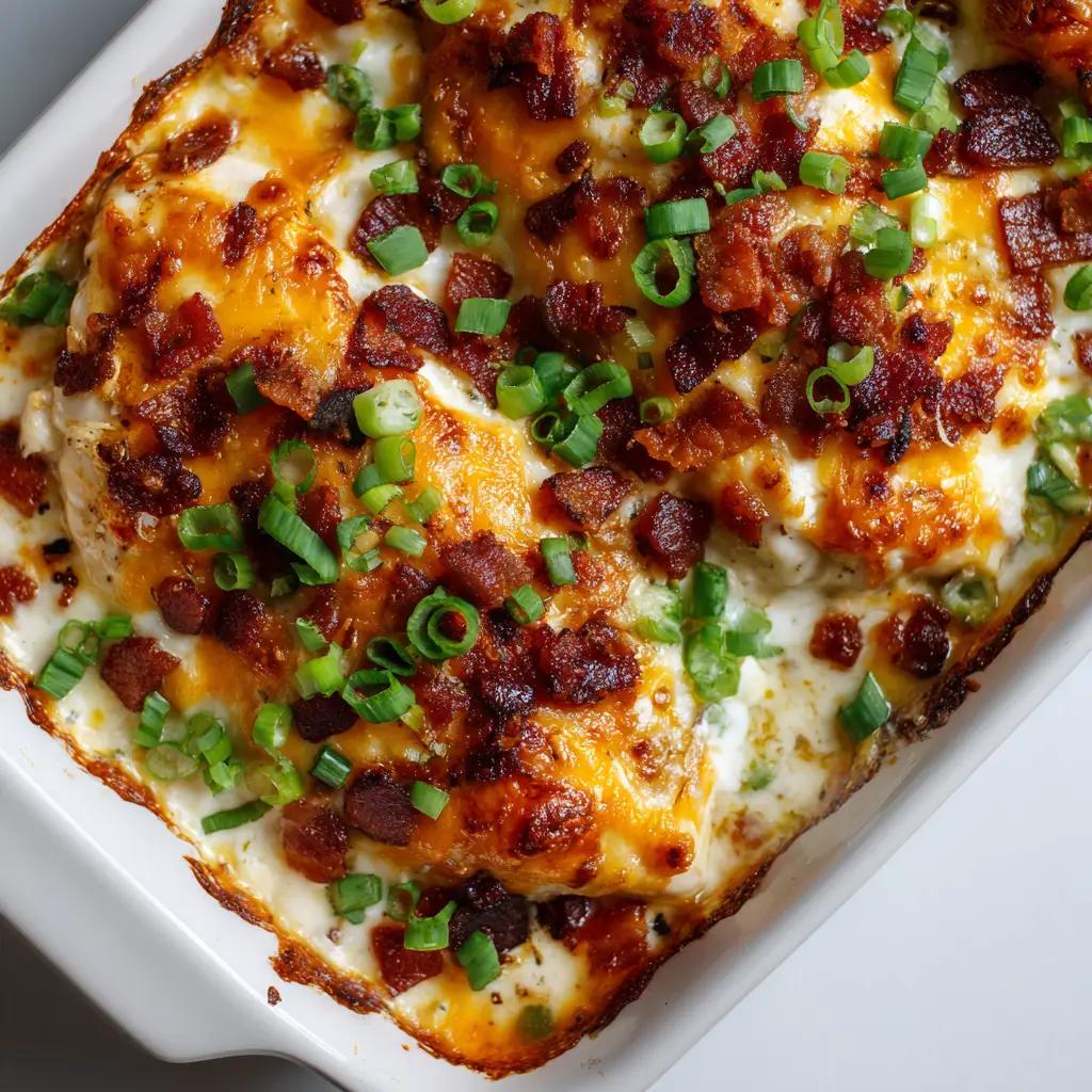 Detailed view of the Million Dollar Chicken Bake showing slightly charred crispy cheese edges and dark red-brown chopped bacon bits.