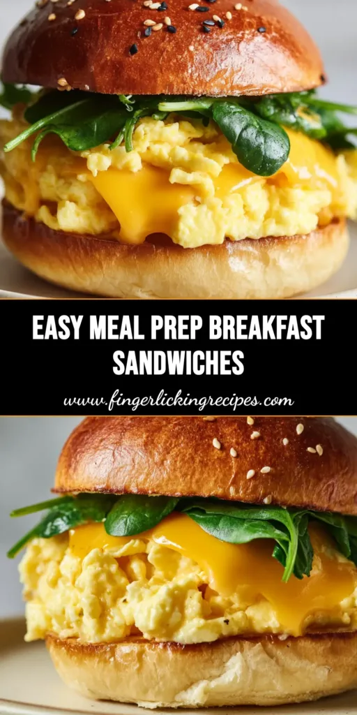 A towering Meal Prep Breakfast Sandwich with melted yellow cheddar, soft fluffy eggs, fresh spinach, and a toasted sesame brioche bun.