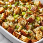 Close-up of Homemade Thanksgiving Stuffing showing moist centers, softened pale green celery, and translucent diced onions.