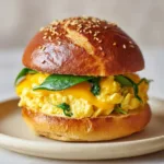Close up handheld photo of a hearty breakfast sandwich resting on a matte white ceramic plate showing soft scrambled eggs and yellow cheddar.