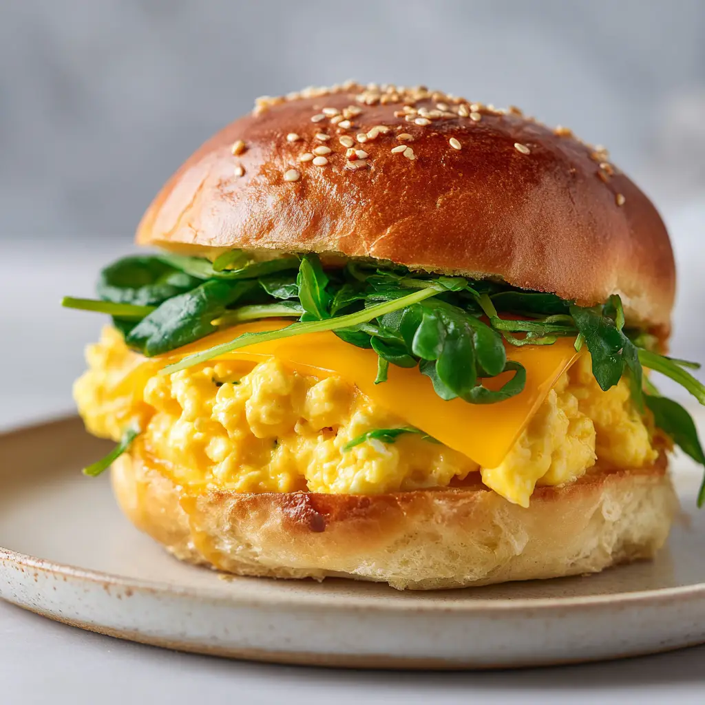 Close up photo showing a golden-brown toasted brioche bun base with spinach and thick fluffy eggs.