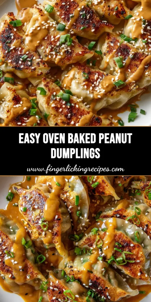 A close up of crispy Oven-Baked Dumplings on a white plate with peanut sauce, sesame seeds, and scallions.