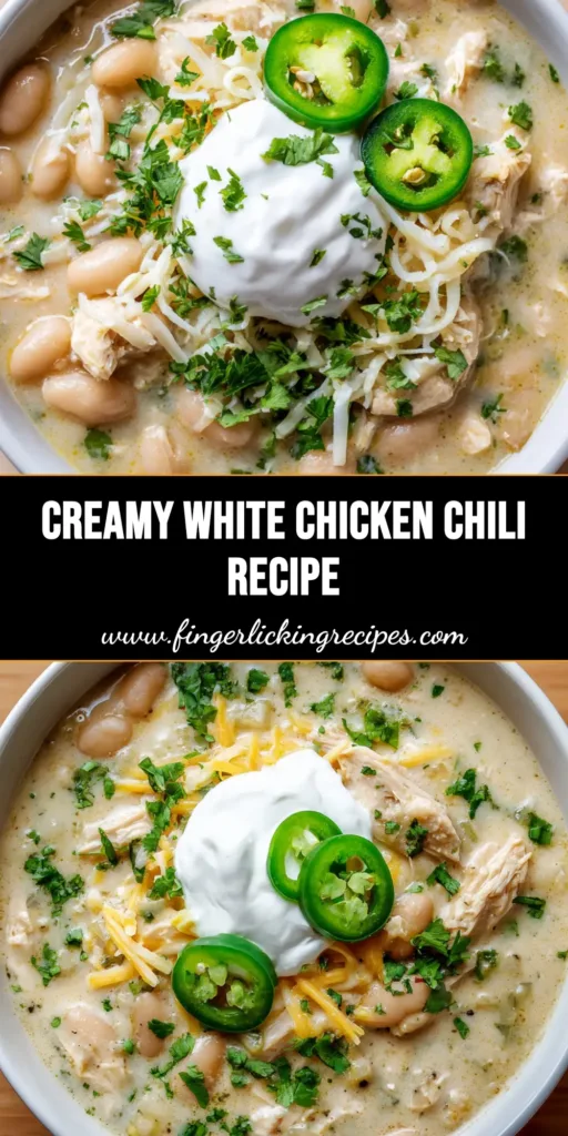 A rich and hearty bowl of Cream Cheese White Chicken Chili featuring a thick pale-cream broth, chicken breast chunks, and cannellini beans, topped with sour cream, cheese, cilantro, and jalapenos.