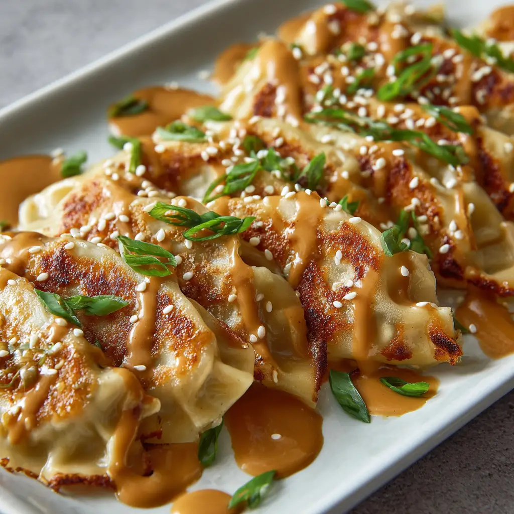 Close up detail of blistered edges on Oven-Baked Dumplings garnished with green scallions and white sesame seeds.