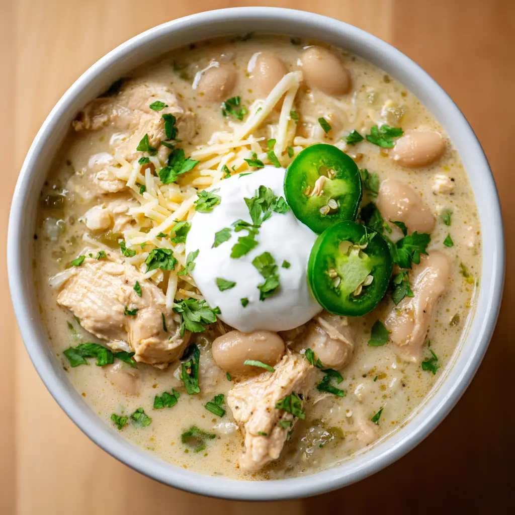 Cream Cheese White Chicken Chili garnished with a perfect dollop of smooth white sour cream, melted Monterey Jack cheese strands, chopped fresh cilantro, and three circular raw green jalapeno slices.