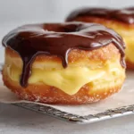 Close up photo of a Boston cream donut resting on white parchment paper over a wire cooling rack.