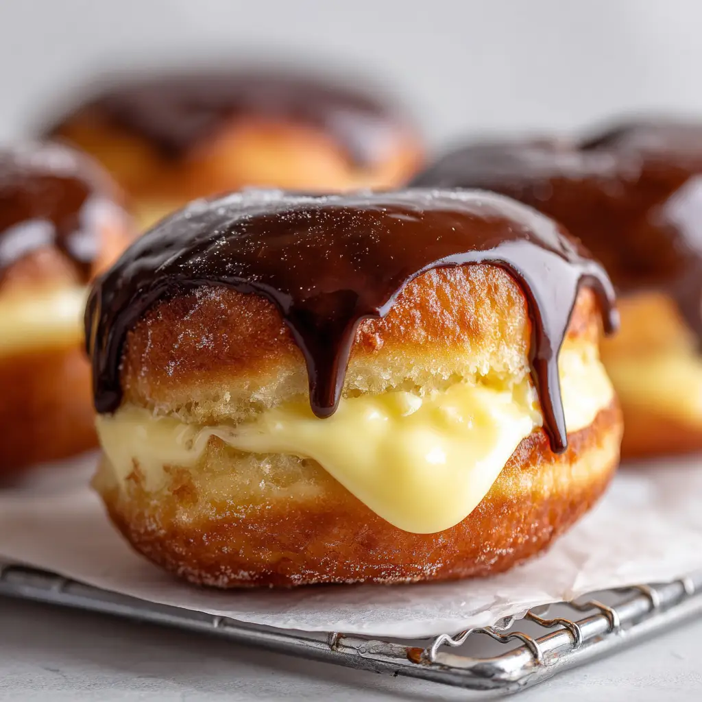 Thick pale yellow vanilla custard oozing out of a split in a deep-fried Boston Cream Donut topped with chocolate glaze dripping down the sides.