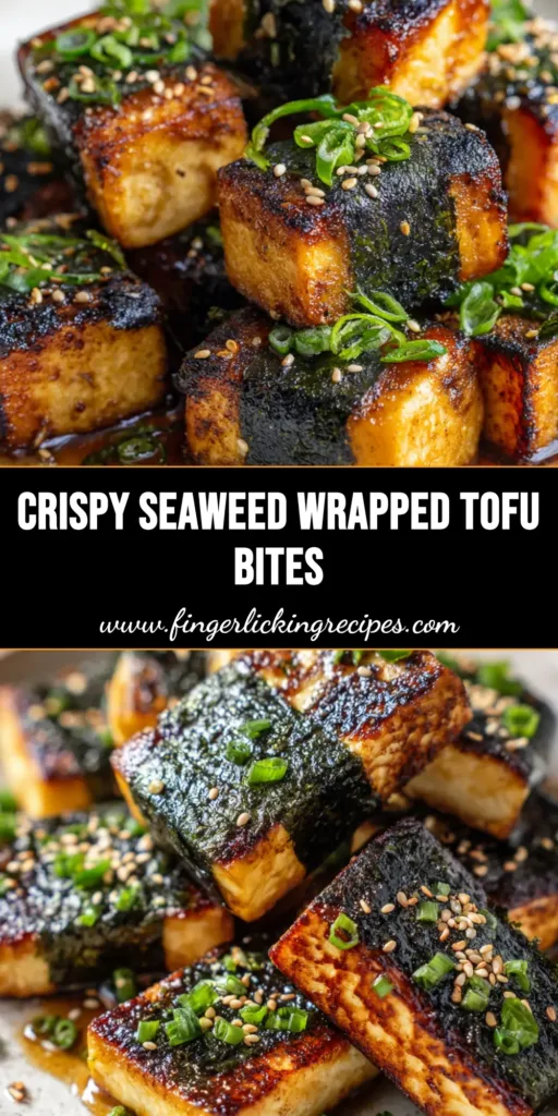 Close up shot of golden pan-fried rectangular Seaweed Wrapped Tofu blocks with a thick band of dark green roasted nori seaweed, garnished with sesame seeds and scallions.