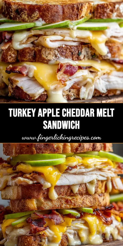 A gourmet Turkey Apple Cheddar Sandwich cut in half, showcasing layers of folded turkey, crispy bacon, green apples, and cascading melted cheddar on artisan sourdough.