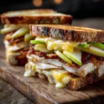 Close up of gooey melted sharp yellow cheddar cheese cascading down the sides of a hot Turkey Apple Cheddar Sandwich.