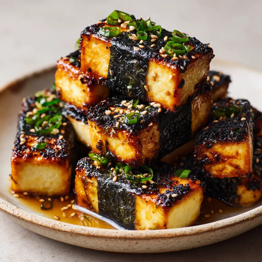 Macro shot of a glossy soy glaze over crispy tofu, scattered with toasted white sesame seeds and chopped green scallions.