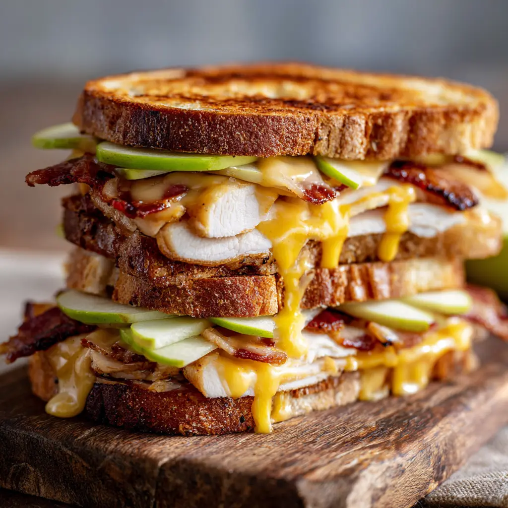 Top half of artisan sourdough bread coated in creamy honey mustard, resting on crisp green apple slices and charred bacon.