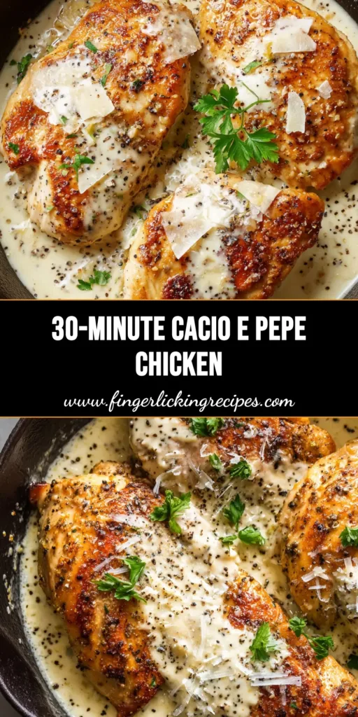 A close-up view of golden-brown pan-seared chicken breast in a thick creamy white Pecorino cheese sauce heavily speckled with cracked black pepper in a cast iron skillet. (Cacio e Pepe Chicken)