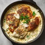 Golden-brown chicken breasts smothered in a glossy white cheese sauce with coarse black pepper. (Cacio e Pepe Chicken)