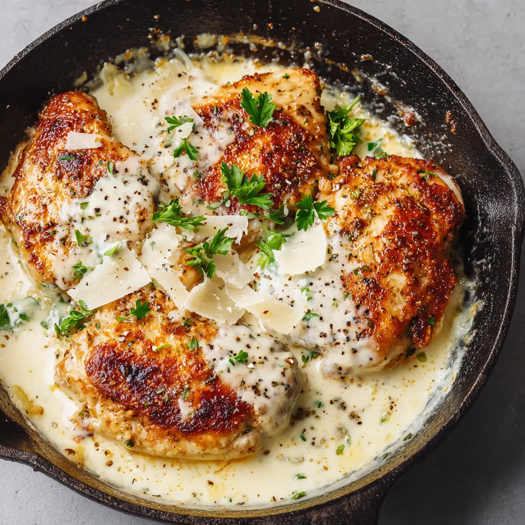 Rustic black cast iron skillet with creamy Cacio e Pepe chicken, garnished with aged cheese shavings and parsley.