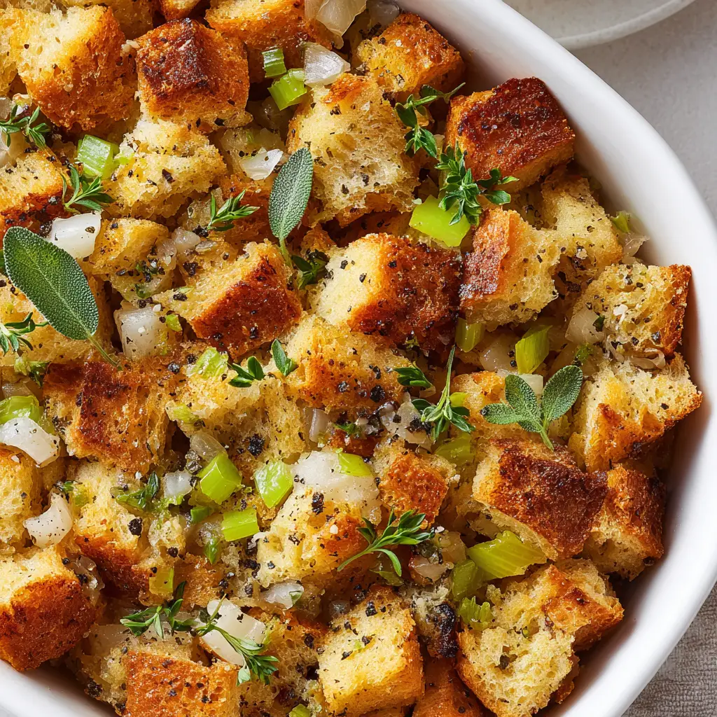 Top-down view of Homemade Thanksgiving Stuffing garnished with fine black pepper, coarse salt, chopped fresh parsley, and whole fresh sage leaves.