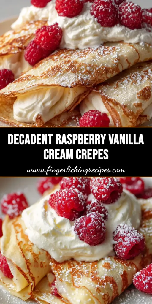 Close-up of paper-thin Raspberry Vanilla Cream Crepes folded into quarters, generously stuffed with thick whipped cream and topped with fresh red raspberries.